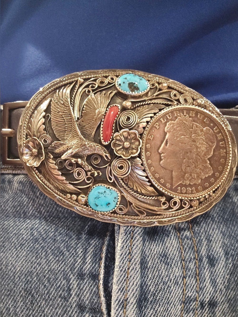 Western Coin & Turquoise Belt Buckle